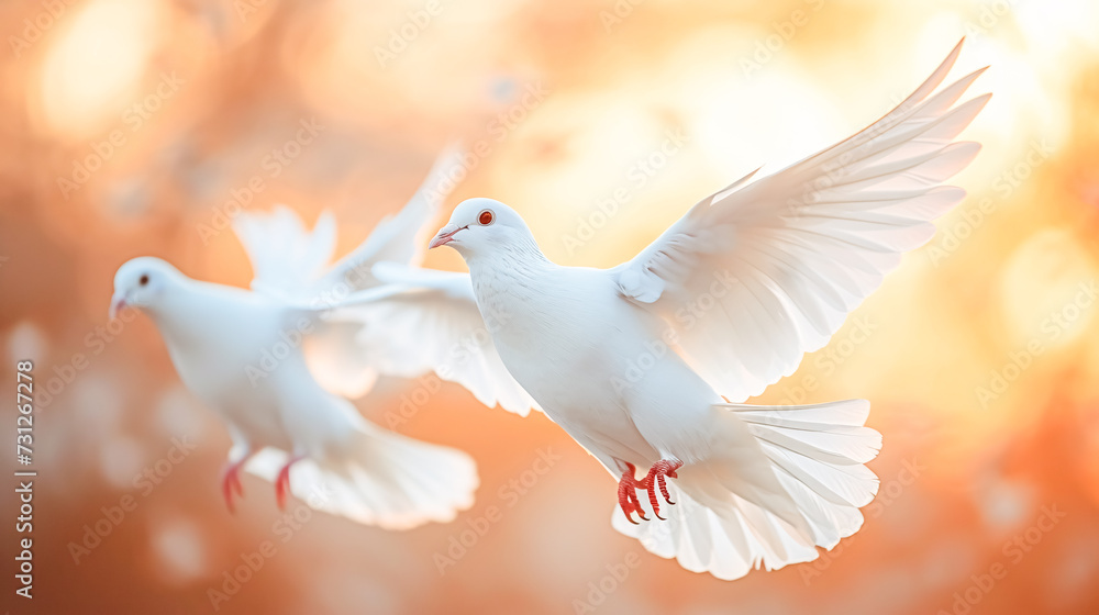 Two white pigeons flying in the sunset. Peace and love concept. Two white pigeons flying in the sunset. Peace and love concept.