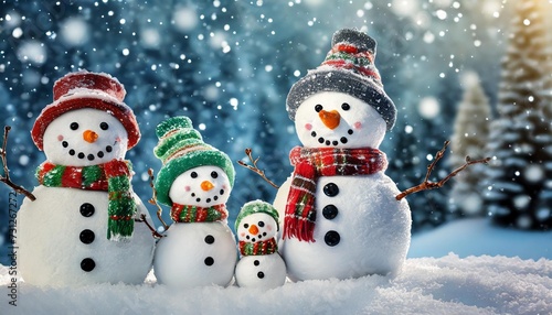 snowman family on christmas snowy background for greeting cards and posters © Ashley