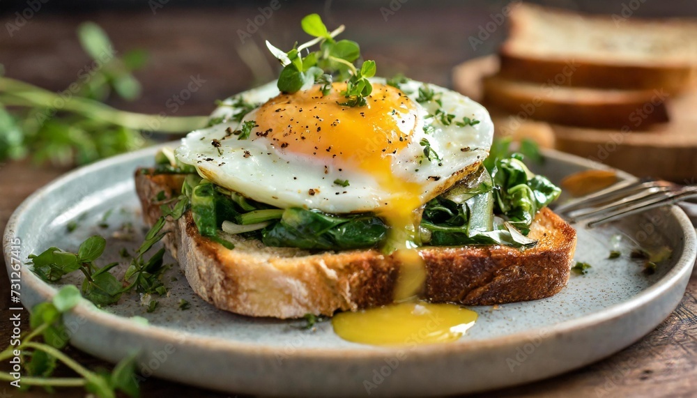a traditional breakfast or brunch dish roasted eggs with greens on a sourdough bread toast egg yolk melting and dripping