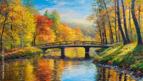oil painting autumn forest with a river and bridge over the ri © Ashley