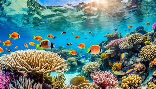 mesmerizing world of underwater wonders with a vivid scene showcasing tropical sea life colorful fishes and intricate coral reefs