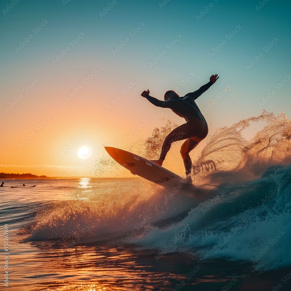 Silhouette of surfer in the ocean waves 