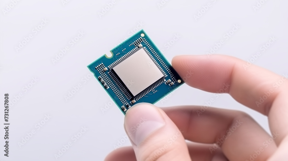 Human Hand with Computer Microchip, Isolated on White Human Hand with Computer Microchip, Isolated on White