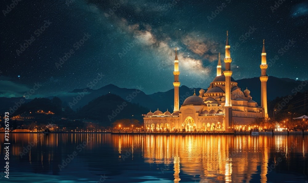  Under the night sky, a majestic mosque with towering domes stands tall amidst the lush greenery of palm trees, creating a captivating landmark that exudes tranquility and beauty.