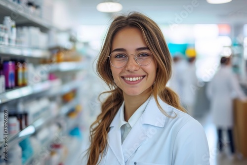 A confident female pharmacist stands proudly in her white coat, glasses framing her friendly smile as she tends to the shelves of healthcare products in her bustling indoor pharmacy