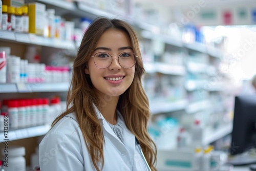 A poised woman in a white coat stands confidently in the pharmacy, surrounded by neatly organized shelves and offering expert healthcare in the bustling indoor store