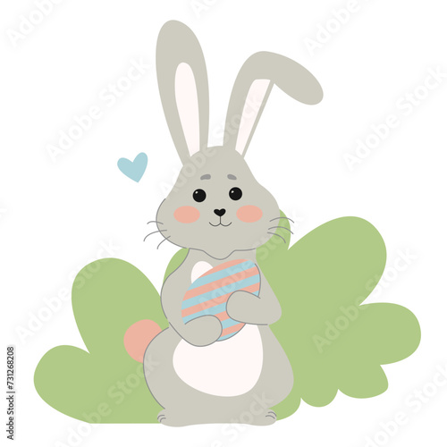 Cute bunny holding an Easter egg. Rabbit icon isolated on white background. For Moon Festival, Chinese Lunar Year of the Rabbit, Easter decoration.