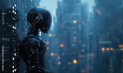 Side view of amazing humanoid head representing future technology and artificial intelligence with free space for your text. Artificial intelligence theme. photo