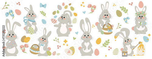 Easter bunny rabbits in different poses and pastel Easter eggs vector illustration. Rabbit animal icon isolated on background. For Moon Festival, Chinese Lunar Year of the Rabbit, Easter decor.