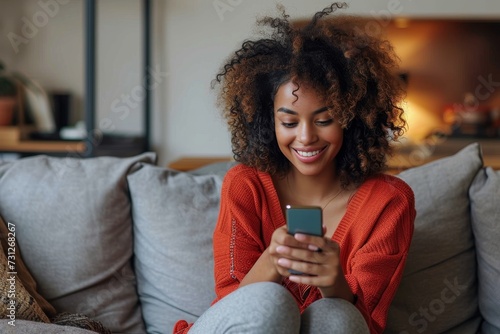 A young woman finds comfort in the solitude of her living room, smiling as she holds onto her phone while sitting on her cozy couch, surrounded by the warmth of the indoor space and the familiarity o