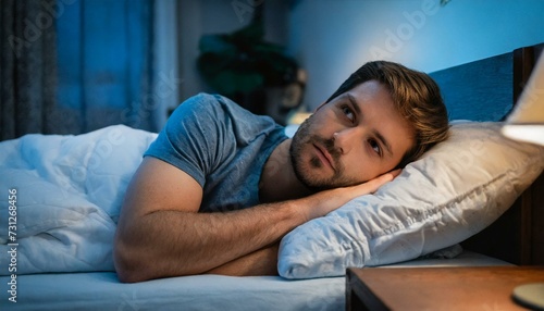 male person awake in bed; trying to sleep 