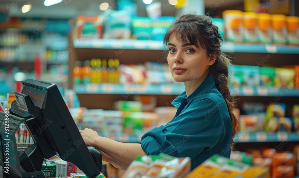 Young saleswoman cashier working behind the cash register in the store.