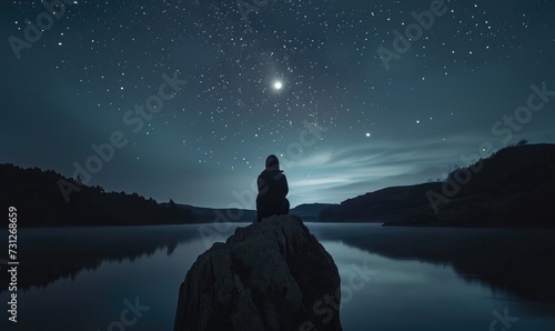 A person at the edge of the lake looks at the amazing night sky full of stars.