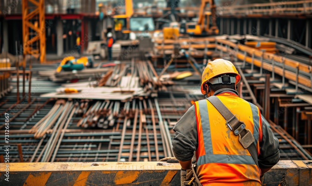 Photo of construction worker who is doing iron works on a construction site with a lot of construction tools and equipment in the background. Photo of construction worker who is doing iron works on a construction site with a lot of construction tools and equipment in the background.
