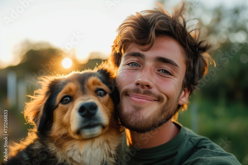 A cheerful man and his loyal dog, a beautiful brown breed, bask in the warm rays of the sun, their bond evident through their beaming faces and playful poses