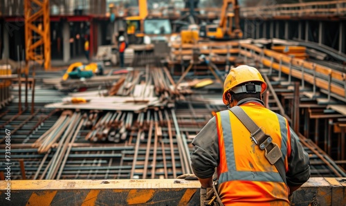 Photo of construction worker who is doing iron works on a construction site with a lot of construction tools and equipment in the background.