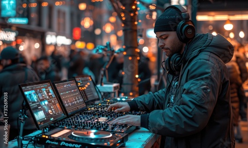 A city dj uses his trusty sound board and electronic equipment to create a captivating mix, all while rocking his stylish black jacket and hat on the busy streets at night.