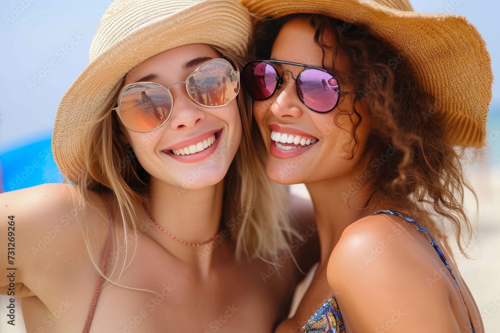 Two stylish women enjoy a sunny day at the beach, sporting chic sunglasses and sun hats while radiating happiness and fun Two stylish women enjoy a sunny day at the beach, sporting chic sunglasses and sun hats while radiating happiness and fun