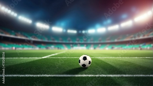 Soccer ball on the field of an empty stadium. Generative AI. © serg3d