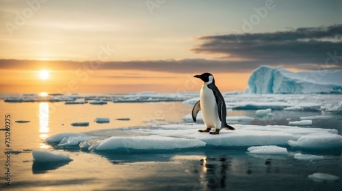 A penguin standing on ice floes at sunset. Generative AI.