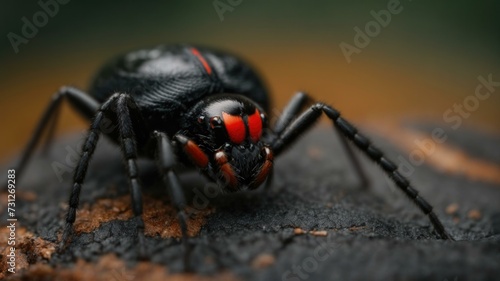A black spider with red eyes sitting on a log. Generative AI. © serg3d