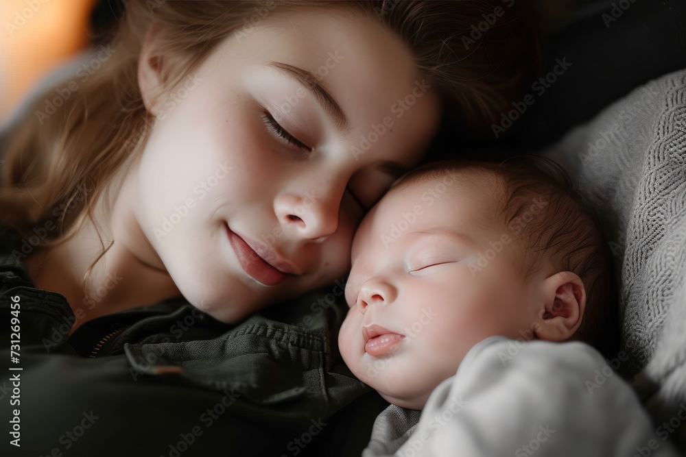 A peaceful slumber, nestled in comfort, a woman's closed eyes hold the innocence of a newborn, as a soft smile graces her skin, capturing the pure joy of a child's love A peaceful slumber, nestled in comfort, a woman's closed eyes hold the innocence of a newborn, as a soft smile graces her skin, capturing the pure joy of a child's love