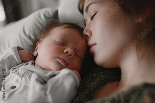 A peaceful moment captured as a woman gently cradles a sleeping newborn, their skin touching in comforting slumber while a toddler naps nearby, creating a beautiful portrait of motherhood