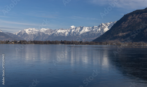 Landschaftspanorama, see, spiegelung, winter, pinzgau