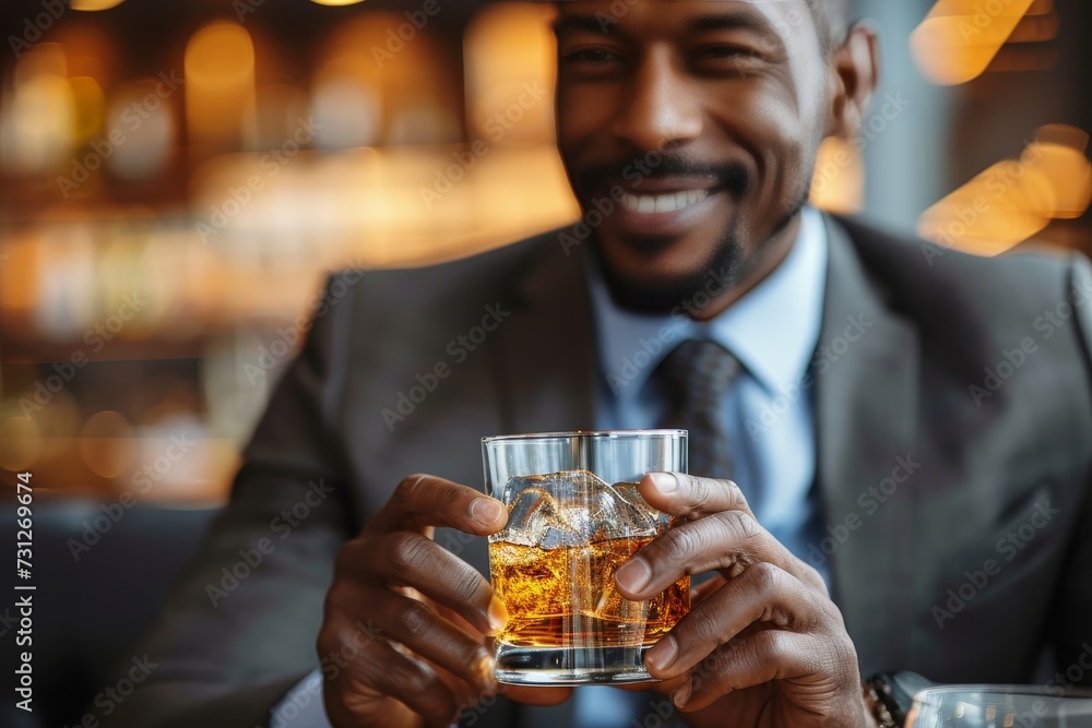 A stylish man enjoys a refreshing drink with a charming smile, holding a glass of liquid in his suited hand amidst the lively atmosphere of a bar