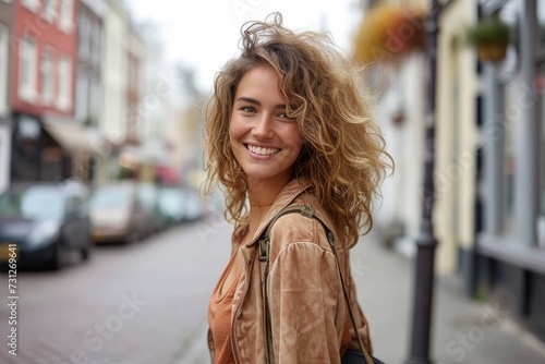 A stylish young woman stands confidently on a city street, her hair blowing in the wind as she smiles at the camera amidst the bustling background of buildings, cars, and street fashion