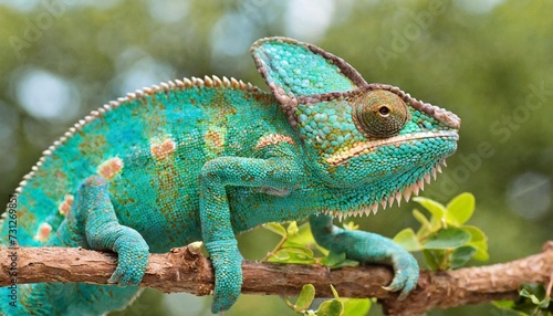 turquoise chameleon on a tree branch