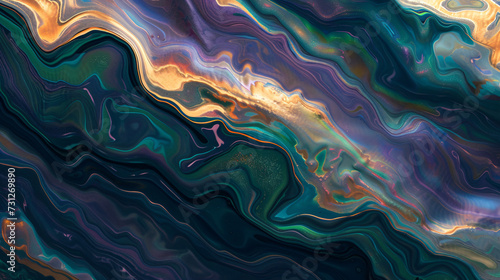 A visually stunning image capturing the mesmerizing beauty of a slick oil spill pattern, featuring a seamless blend of iridescent colors. This captivating design is sure to captivate and int