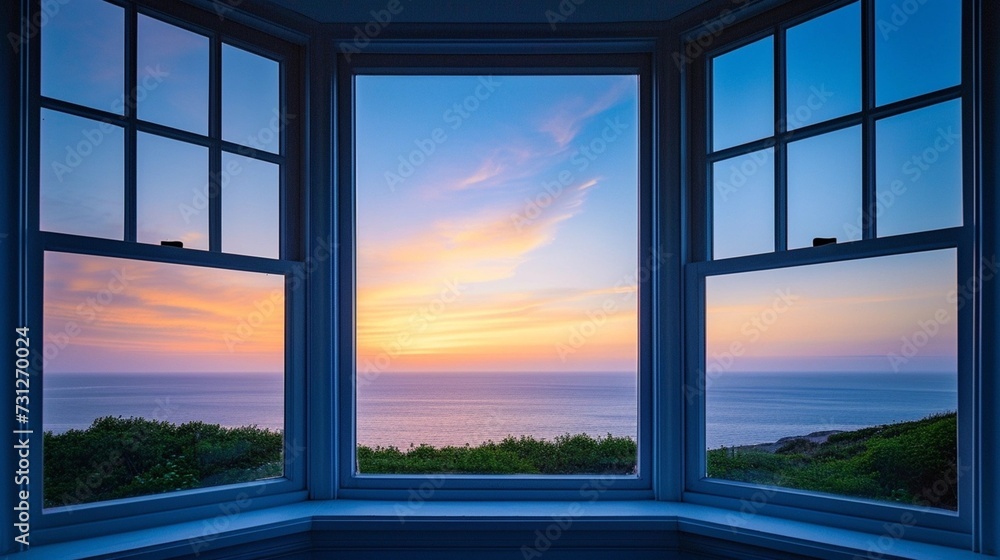Fototapeta premium Bay Window Sunrise View Over Ocean. Coastal landscape through Victorian-style windows. Home interior and peaceful morning concept 
