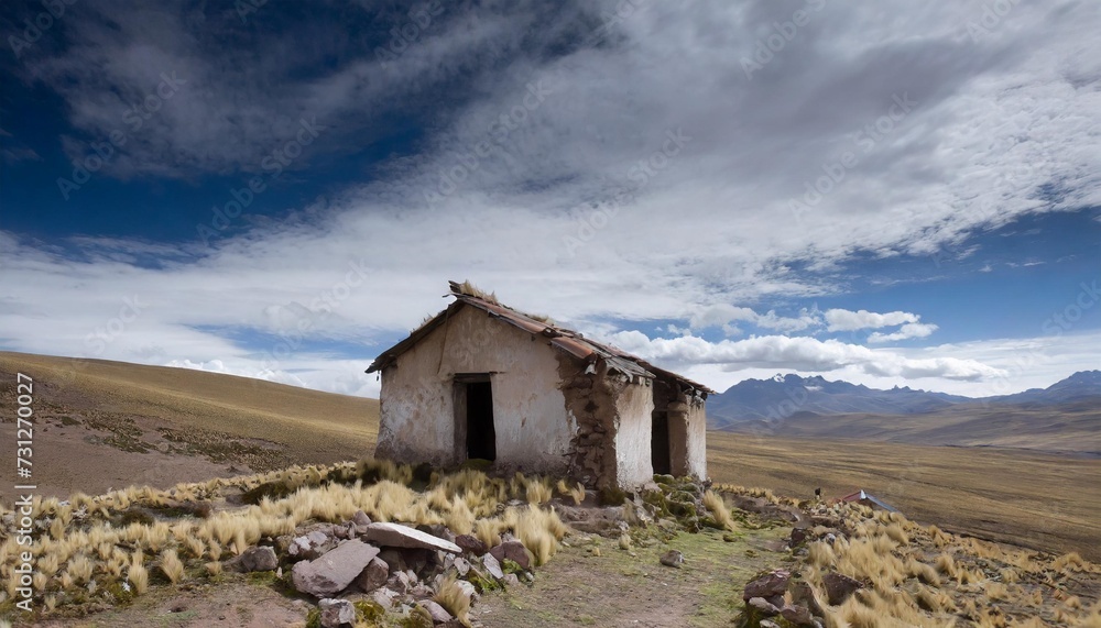 an abandoned and semi destroyed house in the middle of nowhere in a vast andean landscape above 3000 m above sea level horizontal