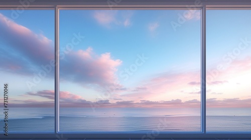 Ocean View from Modern Window at Dawn. Large window with sea and sky gradient. Interior design and peaceful living concept