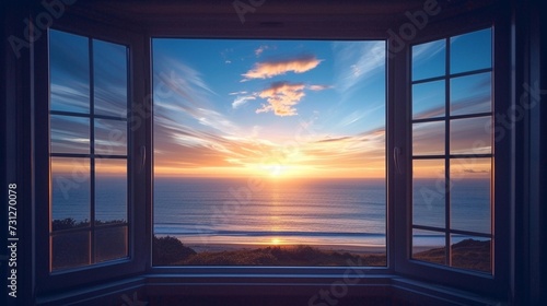 Sunset View through Large Window with Multiple Panes  Interior design element with place for text