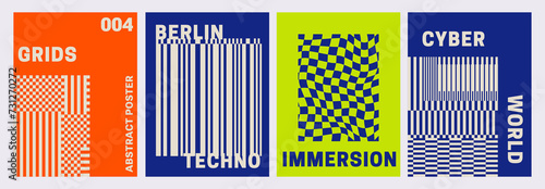 Trendy retro print. Set of posters for events, Cyber futuristic brutalism style, geometry grid pattern, neon colors. Rave music party of flyer design templates. Asymmetrical. Pixels, barcode