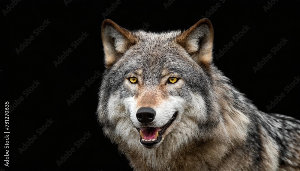 angry grey wolf portrait on black with copy space