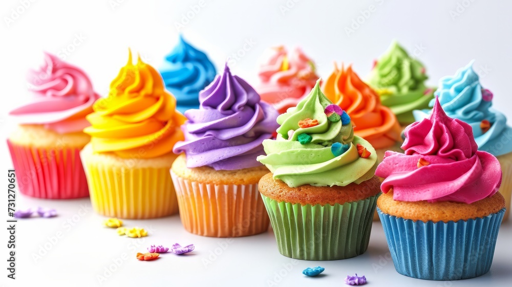 Colorful cupcakes displayed against a white background