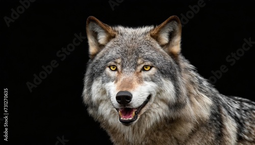 angry grey wolf portrait on black with copy space