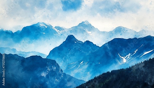 abstract mountains in blue tone digital watercolor painting