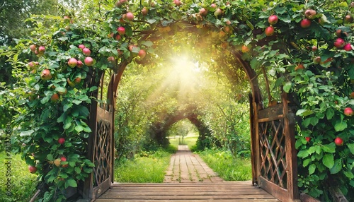 fantasy apple trees garden with natural arch entrance and sun rays magical door gates in fabulous green forest environmental background with empty copy space way to eco life summer nature backdrop photo