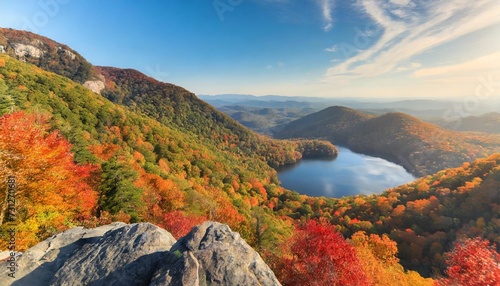 autumn mountain landscape with lake from a bird s eye view on sunny day mountains covered with trees in autumn with red orange leaves autumn in the forest table rock great smokey mountain sc usa