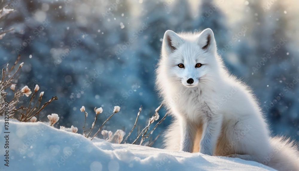 illustration of a cute fluffy white arctic fox on a background of winter nature