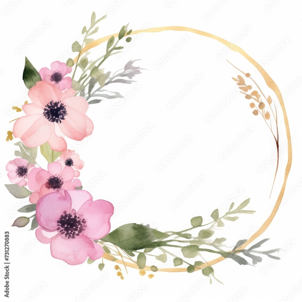 Watercolor flowers frame illustration for greeting card. Generative AI