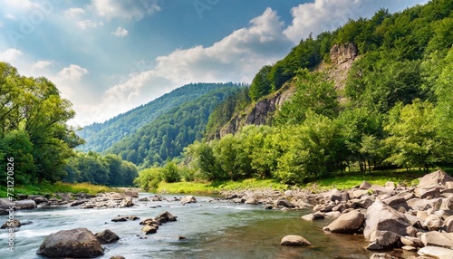countryside landscape with mountain river trees along the rocky shore and forest on the hill