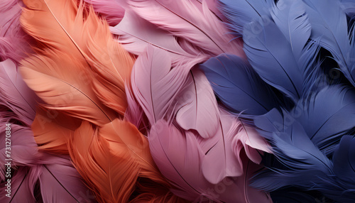 pink purple and blue feathers with white feathers.