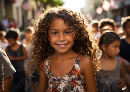 Smiling girl in a sunlit street with other people in the background © Ihor