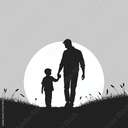 Father and son holding hands and walking, family vector illustration