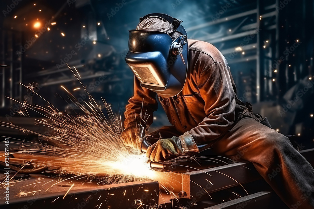 A man welder in brown uniform, welding mask, weld metal construction site. - obrazy, fototapety, plakaty 